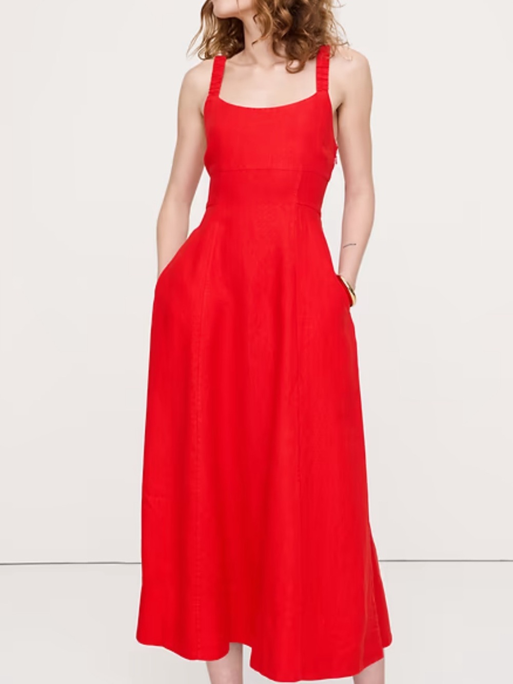 Beautiful linen Cherry Red Square-Neck Dress with Pockets size 0